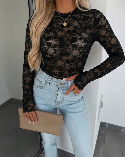 Women's Floral Lace Sheer Top Long Sleeve Crewneck Slim Fit Tee with Thumb Holes
