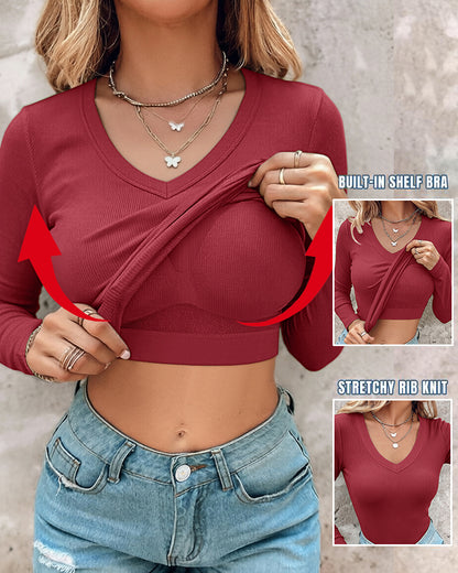 Women's V Neck Long Sleeve Ribbed Knit Top Slim Fit Base Layer Shirt Soft Stretchy Casual Tee with Built-in Bra