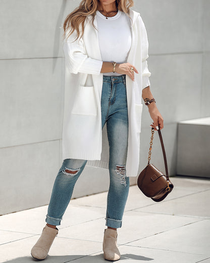 Letter Heart Pattern Long Cardigans Knitted Open Front Oversized Hooded Outerwear Sweater Coat