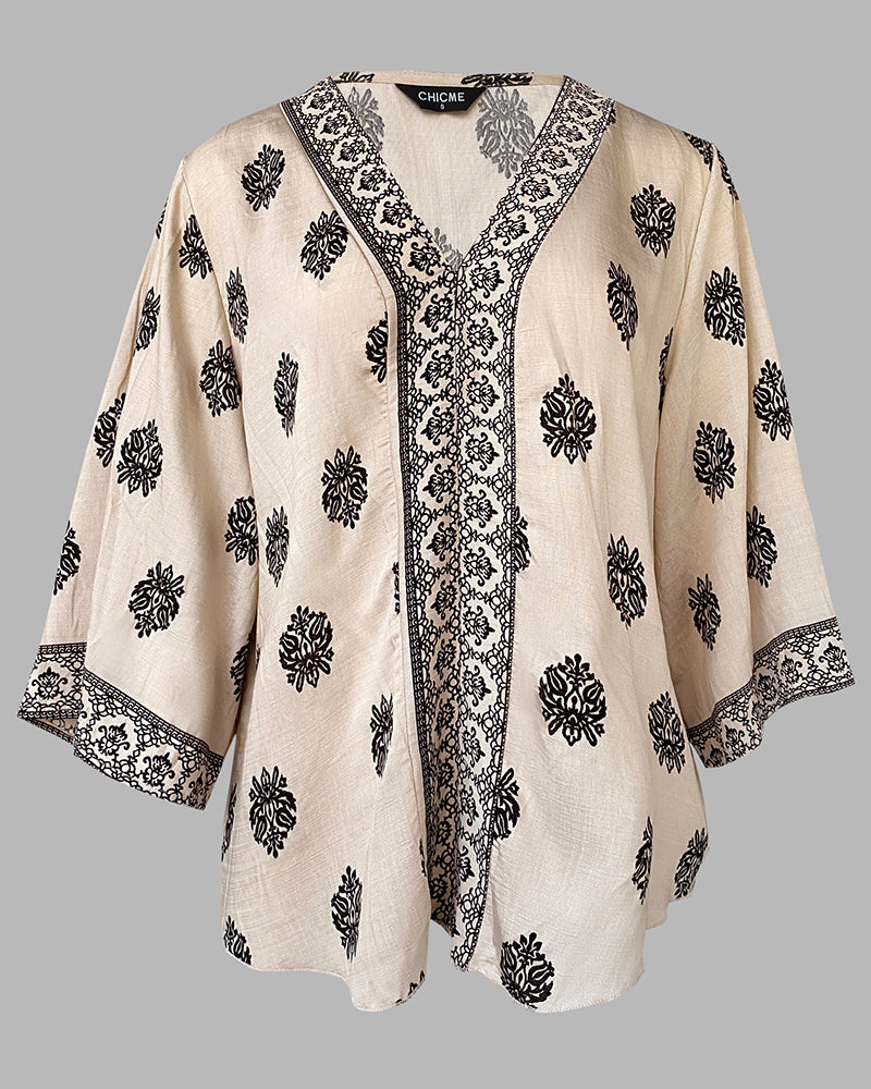 Floral Print V Neck Long Sleeve Blouse Casual Loose Fit Top