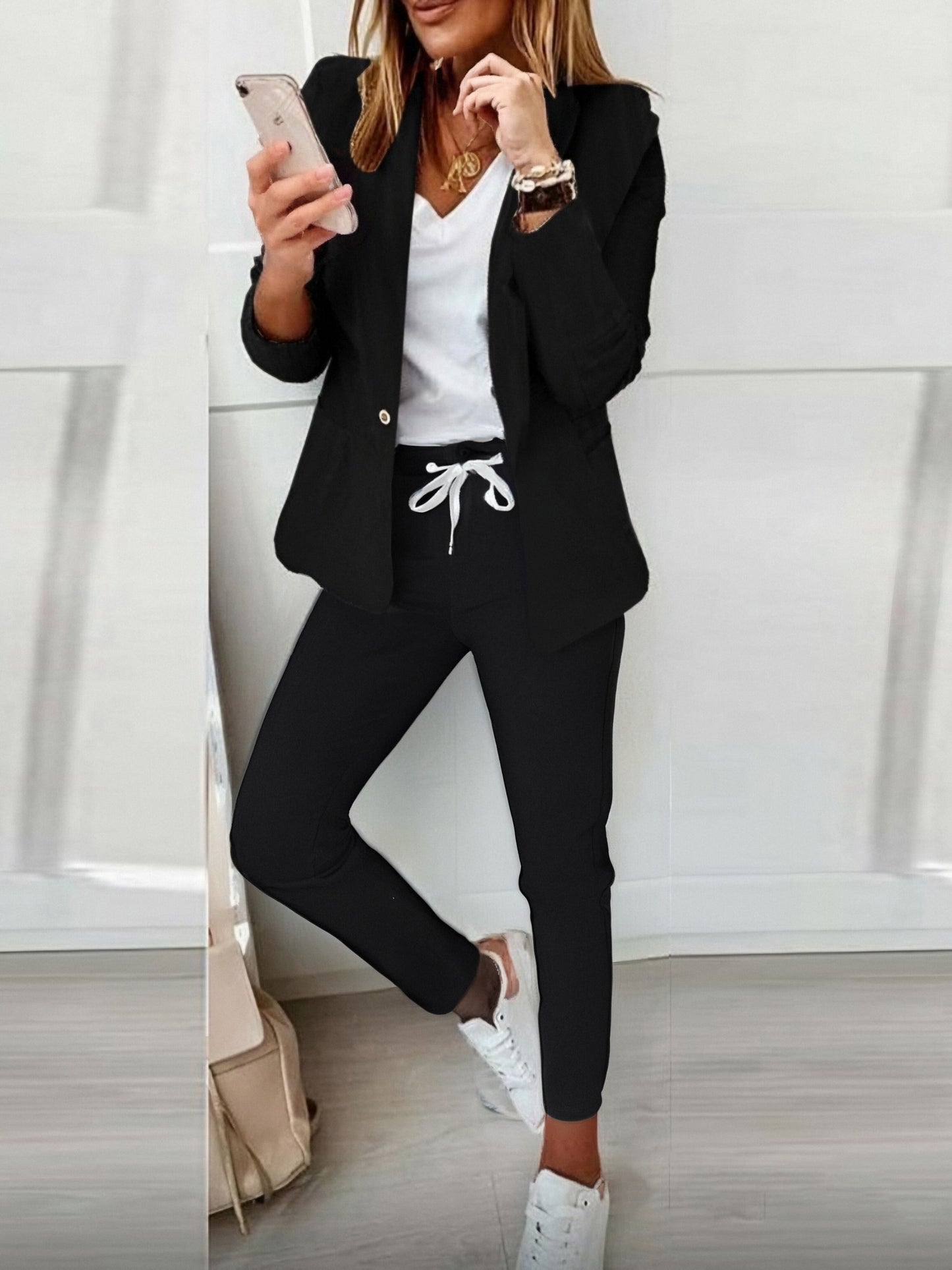 2 Pieces Outfit Shawl Collar Single Breasted Pockets Design Blazer Coat And Drawstring Elastic Waist Slim Fit Pants Set