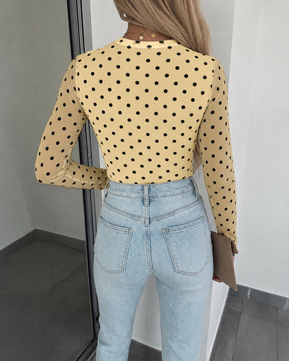 Women's Mesh Polka Dot Top Lined Sheer Long Sleeve Tee Crewneck Slim Fit Layering Under Base Top with Thumbholes