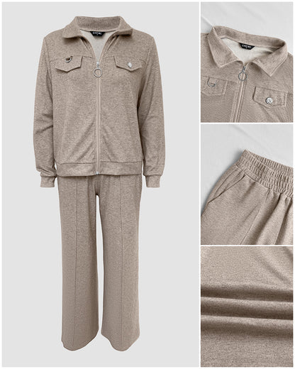 Women's Casual Tracksuit Set Zip Up Long Sleeve Lapel Jacket and High Waisted Straight Leg Pants Lounge Set with Pockets