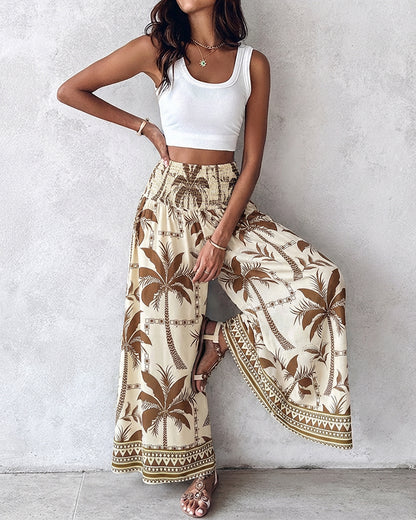 Vintage Plants Print High Waist Shirred Elastic Waist Wide Leg Pants