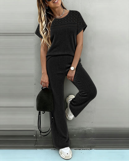 Women's 2 Piece Knit Set Lace Patchwork Short Sleeve Top and Wide Leg Pants Casual Ribbed Brushed Lounge Set