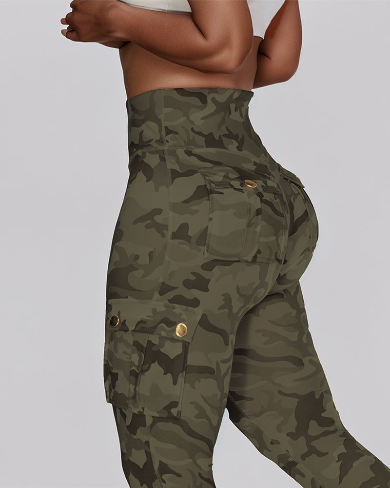 Camouflage Print High Waist Skinny Leggings with Cargo Flap Pockets Casual Pants