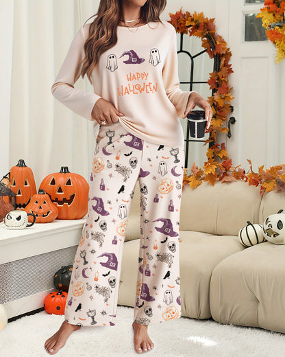2 Pieces Outfit HAPPY HALLOWEEN Slogan & Graphic Print Long Sleeve Top and Graphic Print Elastic Waist Pants Set Casual Pajamas Set