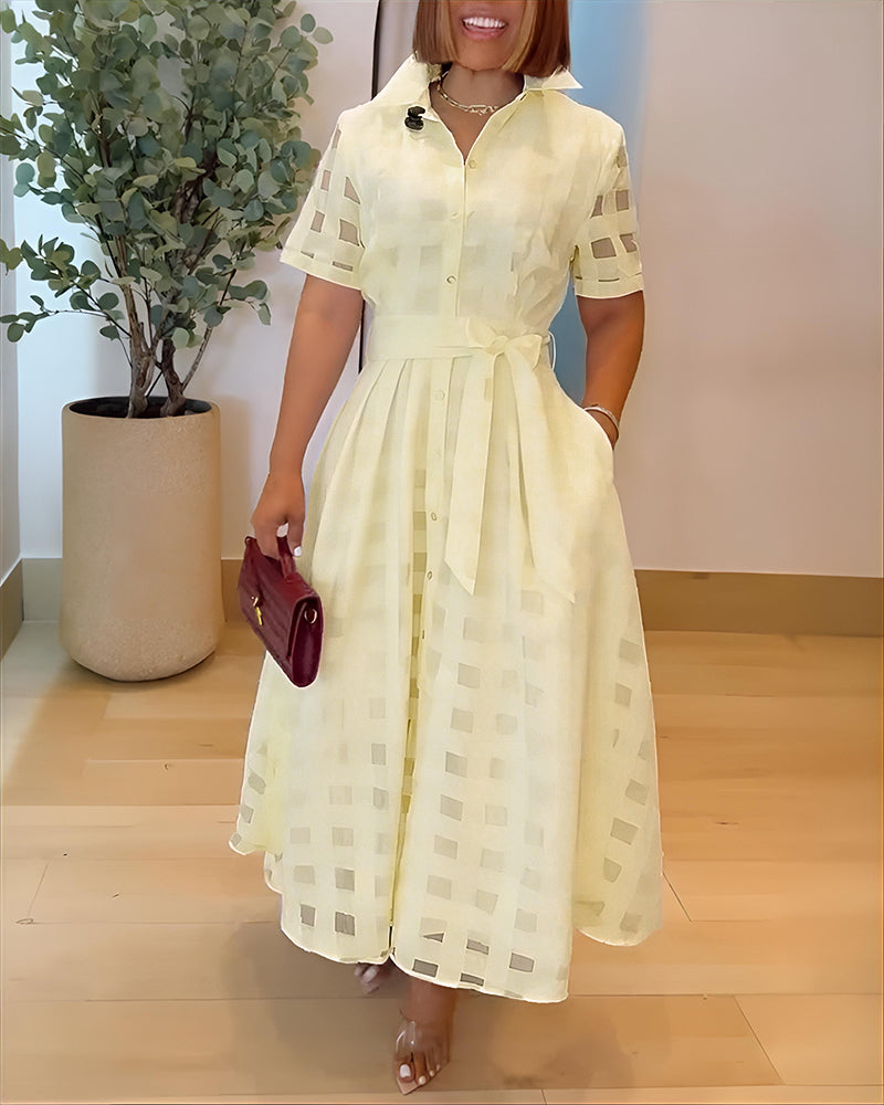 Turn Down Collar Plaid Mesh Double Layered Cinched Waist Maxi Dress Button Down Bow Tie Waist Commuting Dress