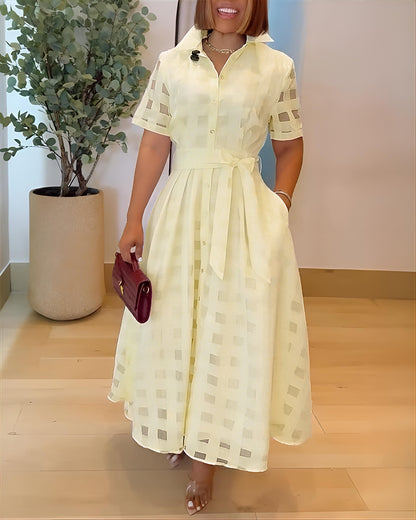 Turn Down Collar Plaid Mesh Double Layered Cinched Waist Maxi Dress Button Down Bow Tie Waist Commuting Dress