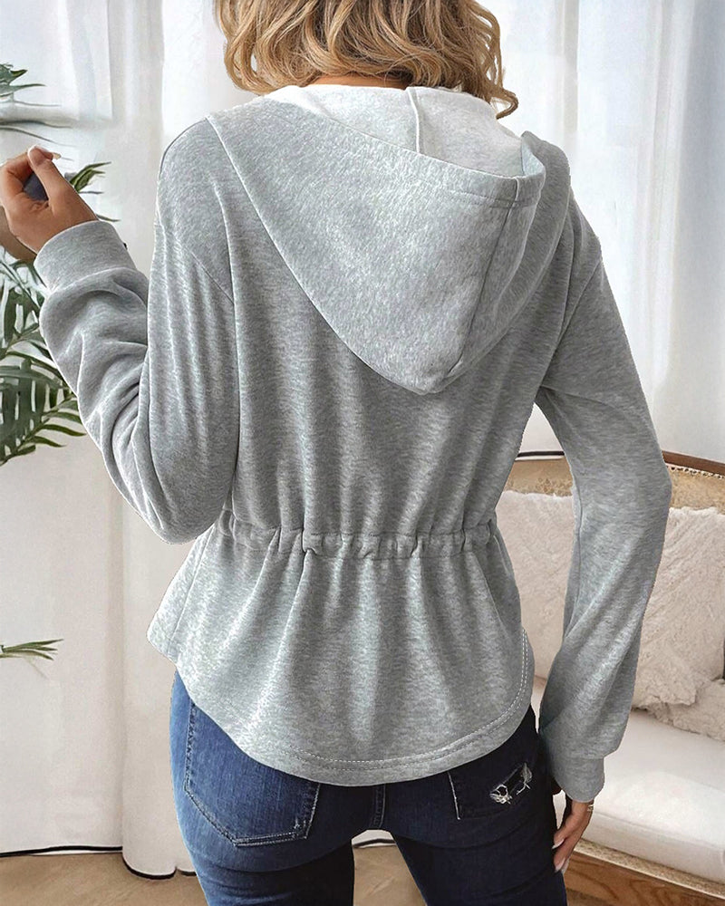 Zip Up Waist Drawstring Asymmetrical Hem Hoodie Jacket Casual Drop Shoulder Cinched Waist Coat