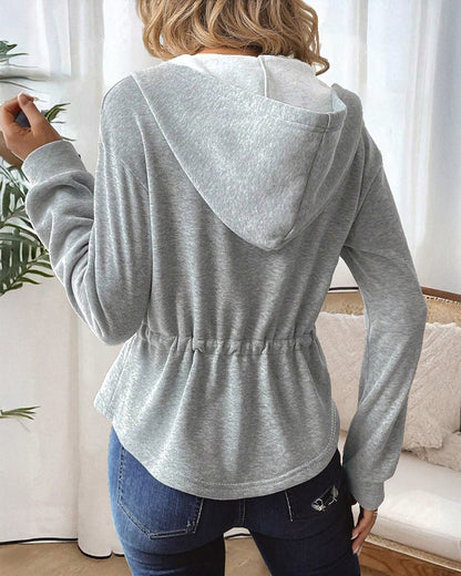 Zip Up Waist Drawstring Asymmetrical Hem Hoodie Jacket Casual Drop Shoulder Cinched Waist Coat