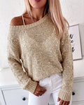 Women's Sequin Knit Sweater Loose Skew Neck Pullover Top Sheer Hollow Out Shimmering Long Sleeve Top