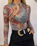 Women's Vintage Print Sheer Mesh Top Frill Trim Mock Neck Long Sleeve Tee