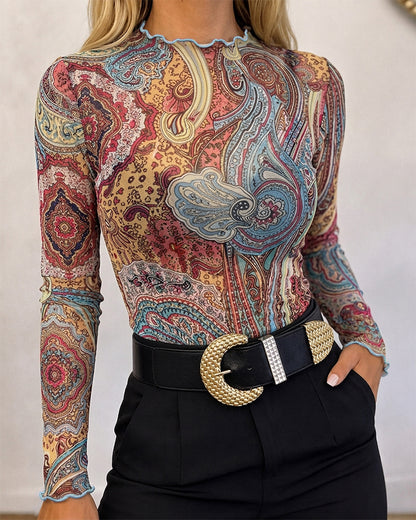 Women's Vintage Print Sheer Mesh Top Frill Trim Mock Neck Long Sleeve Tee