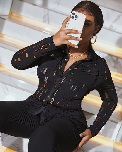 Turn-down Collar Hollow Out Button Down Shirt Top