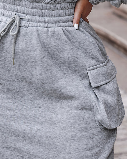 Overlap V Neck Drop Shoulder Cinched Waist Drawstring Hoodie Dress Casual Flap Cargo Pockets Design Drawstring Elastic Waist Midi Dress