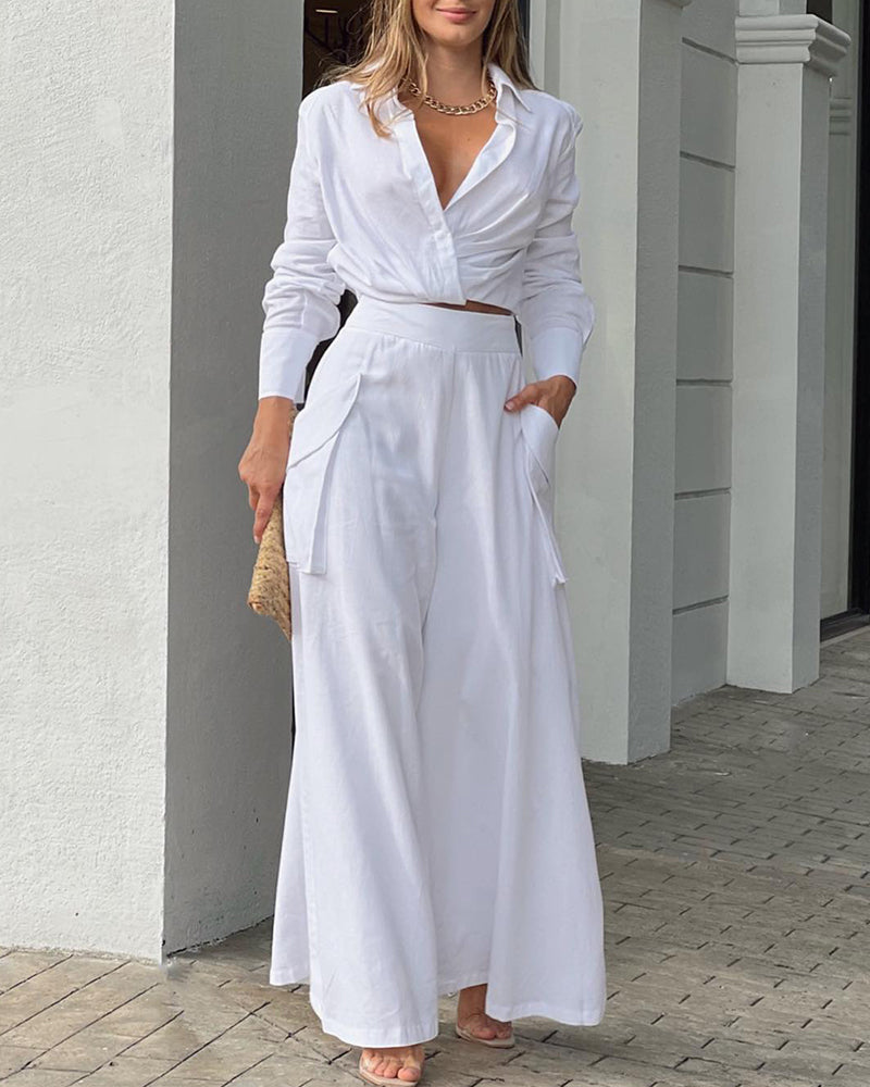 Ruched Long Sleeve Shirt & Wide Leg Asymmetrical Pants Set