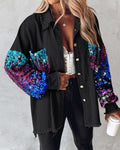 Colorblock Sequin Patchwork Long Sleeve Jacket Top Button Front Raw Hem Shacket