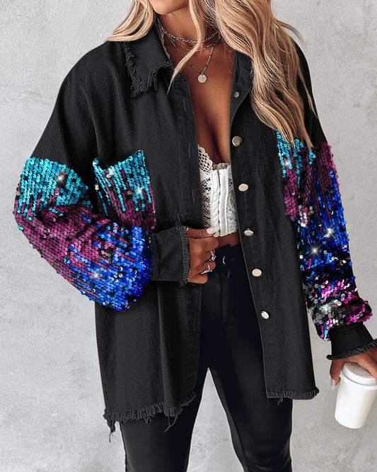 Colorblock Sequin Patchwork Long Sleeve Jacket Top Button Front Raw Hem Shacket