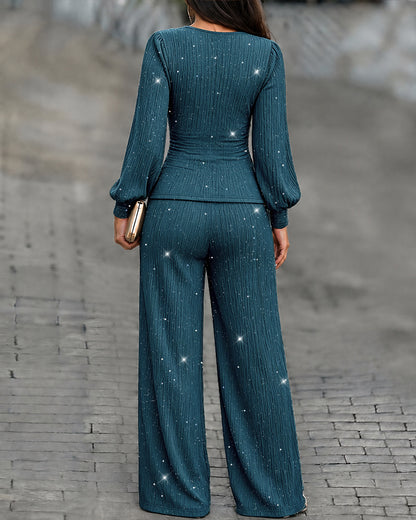 Women's 2 Piece Glitter Set Deep V Neck Lantern Sleeve Ruched Top and Wide Leg Pants with Pockets