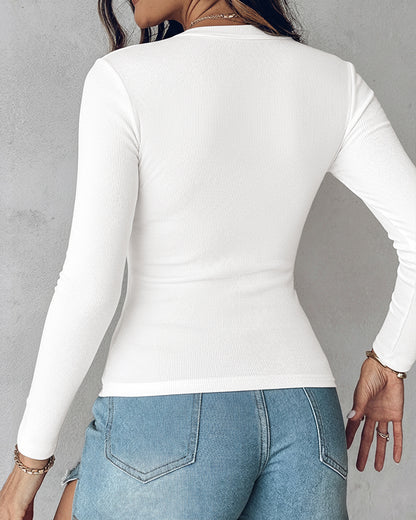 Women's V Neck Long Sleeve Ribbed Knit Top Slim Fit Base Layer Shirt Soft Stretchy Casual Tee with Built-in Bra