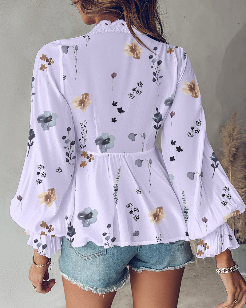Floral Print Deep V-Neck Lantern Sleeve Casual Contrast Lace Tied Detail Blouse