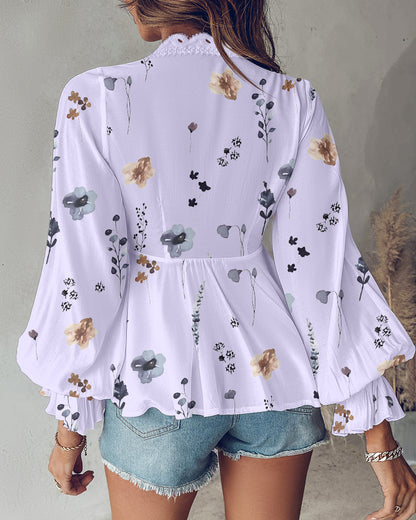 Floral Print Deep V-Neck Lantern Sleeve Casual Contrast Lace Tied Detail Blouse