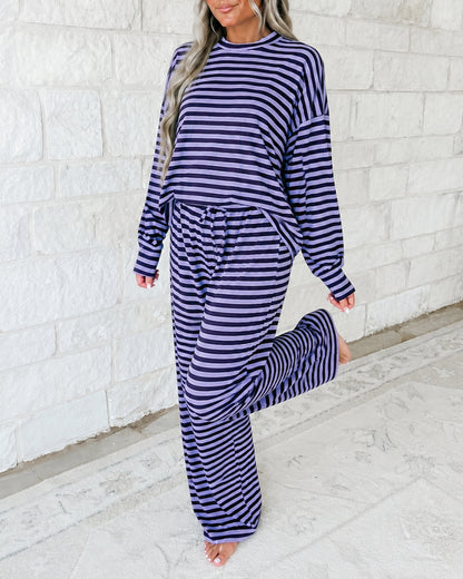 Women's 2 Piece Striped Outfits Long Sleeve Crewneck Top and Wide Leg Pants Set