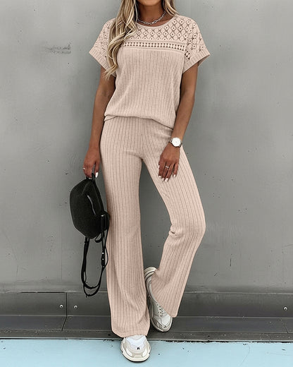 Women's 2 Piece Knit Set Lace Patchwork Short Sleeve Top and Wide Leg Pants Casual Ribbed Brushed Lounge Set