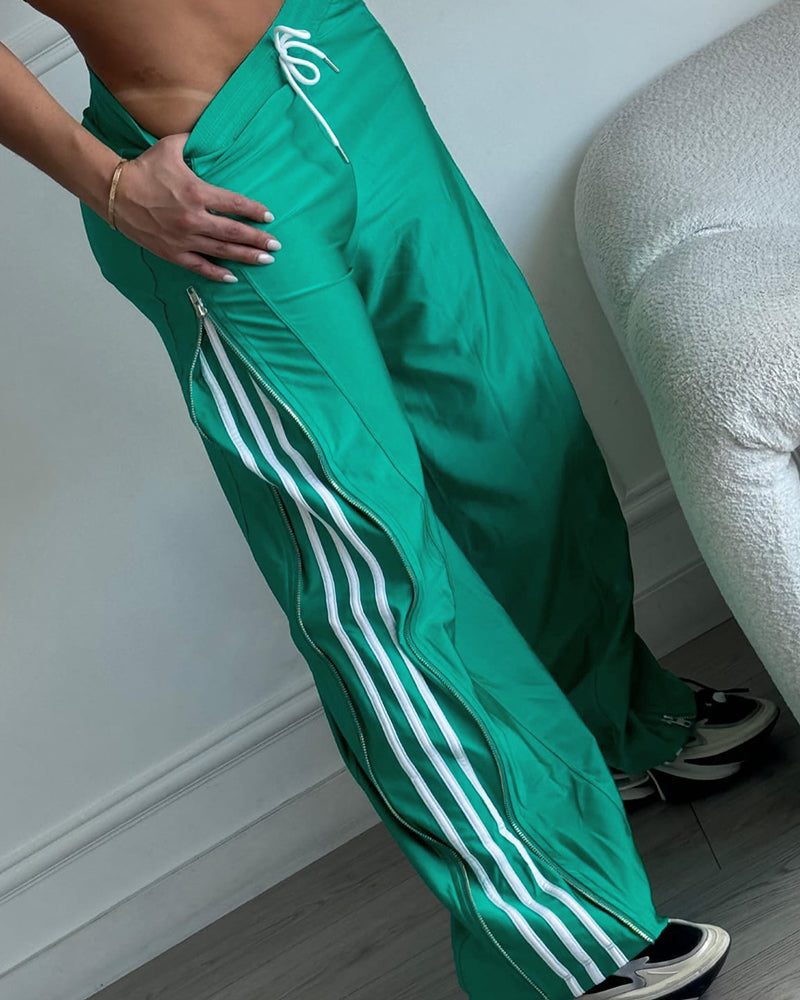Contrast Side Striped & Zipper Slit Side Drawstring Elastic Waist Trousers Casual Wide Leg Pants