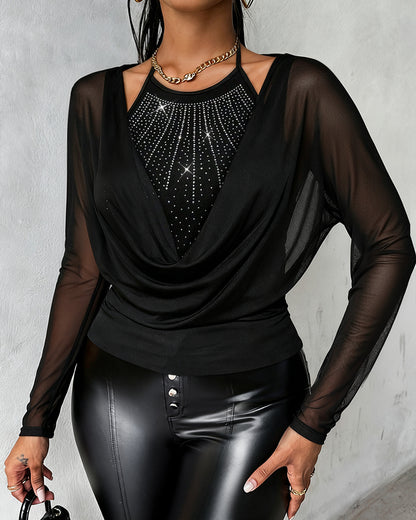 Rhinestone Decor Halter Tie Cowl Neck Long Sleeve Tee Casual Sheer Mesh Spliced Backless Top