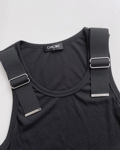 Women's Ribbed Knit Tank Top Adjustable Buckle Strap Side Ruched Knit Top Curved Hem Slim Fit Vest
