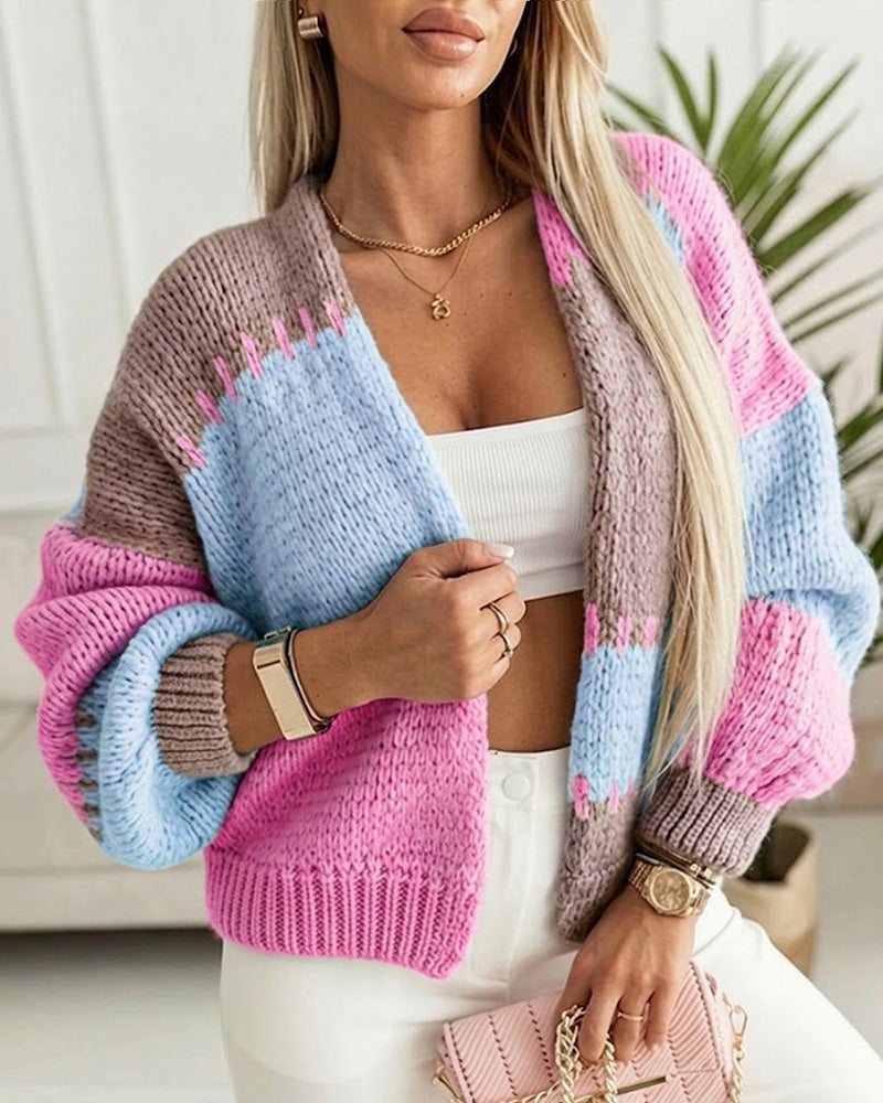 Women's Colorblock Knit Cardigan Chunky Knit Sweater Ribbed Trim Long Sleeve Casual Loose Knitwear