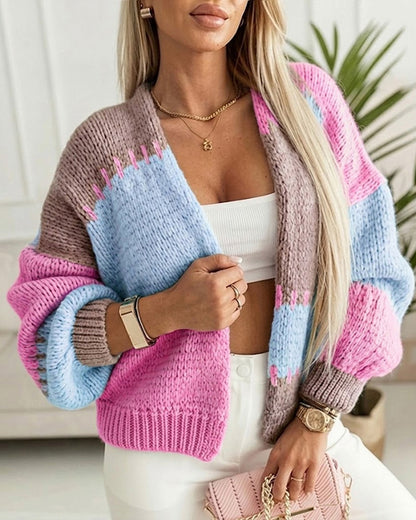 Women's Colorblock Knit Cardigan Chunky Knit Sweater Ribbed Trim Long Sleeve Casual Loose Knitwear