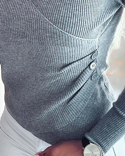 Overlap V-Neck Ruched Side Button Decor Knit Sweater Slim Fit Ribbed Pullover Top