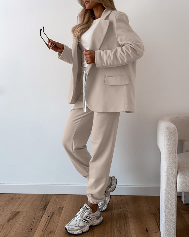 Shawl Collar Long Sleeve Blazer and Drawstring Pants Set