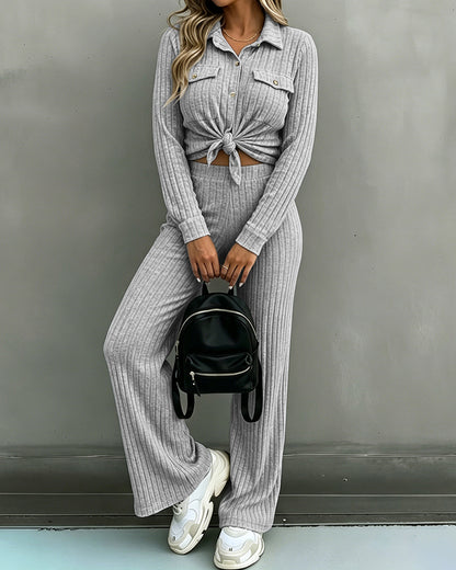Women's 2 Piece Ribbed Knit Outfits Button Down Top and Straight Leg Pants Set Casual Loungewear Matching Tracksuit