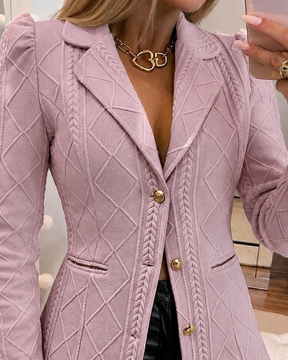 Blazer elegante de mujer con textura de cuadros de rombos, corte entallado, mangas abullonadas y botones dorados, chaqueta de traje para oficina con bolsillos