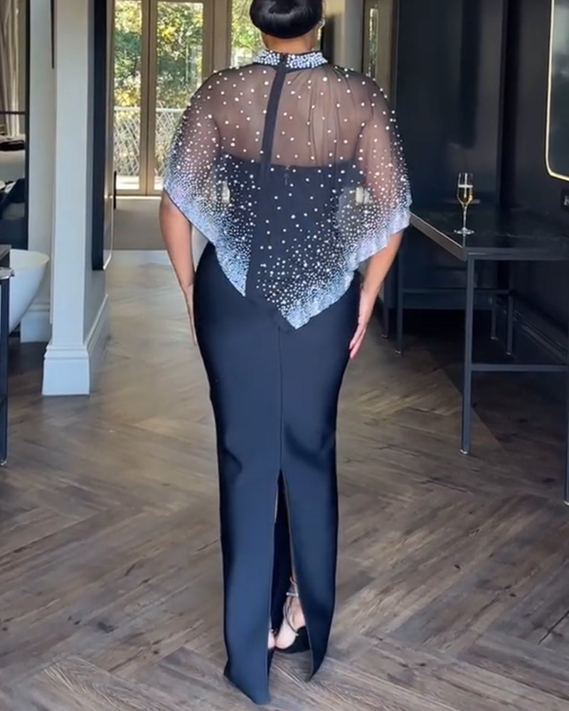 2 Pieces Outfit Detachable & Adjustable Spaghetti Straps Zipper Back Slit Slim Fit Maxi Dress and Rhinestone & Pearls Decor High Neck Zipper Back Sheer Mesh Poncho Cape