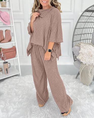 Women's 2 Piece Ribbed Knit Set Asymmetrical Zipper Turtleneck Batwing Sleeve Top and Pants Casual Loungewear