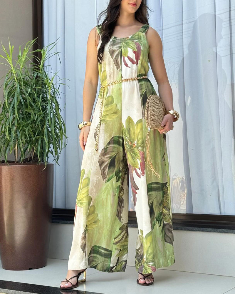 Plants Print Thick Strap Seam Jumpsuit Casual Wide Leg Jumpsuit