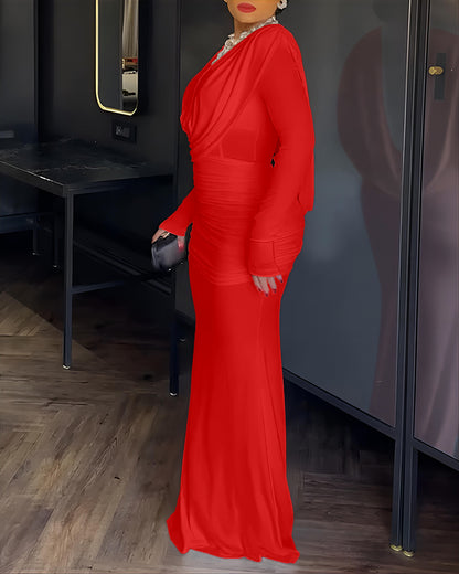 Cowl Neck Ruched Zipper Back Slim Fit Maxi Dress Casual Padded Shoulders Backless Evening Dress