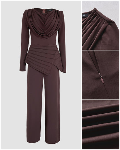 Cowl Neck Asymmetrical Textured Patchwork Cinched Waist Jumpsuit Casual Zipper Back Wide Leg Jumpsuit
