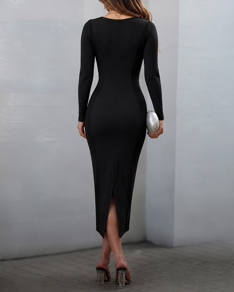 Women's Colorblock Midi Dress Square Neck Long Sleeve Bodycon Dress Elegant Back Slit Work Dress