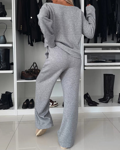Women's Two-piece Set V Neck Drop Shoulder Long Sleeve Top and High Waist Wide Leg Pants
