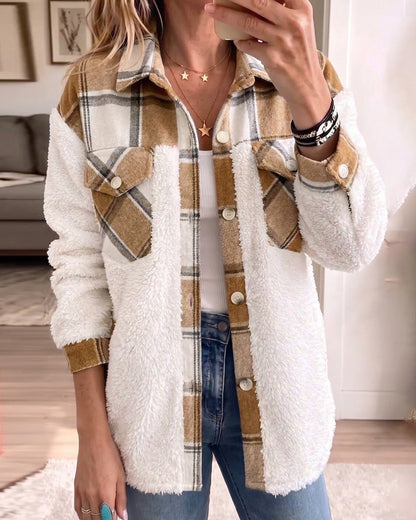 Veste polaire à carreaux pour femmes, veste décontractée à manches longues boutonnée en fausse peau de mouton