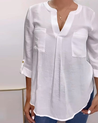 V-Neck Roll Up Sleeve Back Button Blouse Casual Top with Pocket