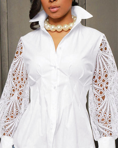 Lantern Sleeve Eyelet Embroidery Top