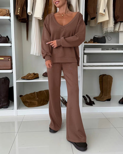 2 Pieces Outfit Plunge V Neck Pullover Sweatshirt and Casual Drawstring Waist Wide Leg Pants Set