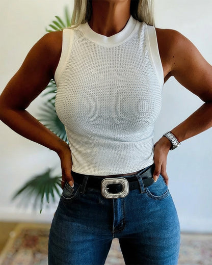 Rhinestone Decor O-neck Sleeveless Knit Tee Slim Fit Tank Top